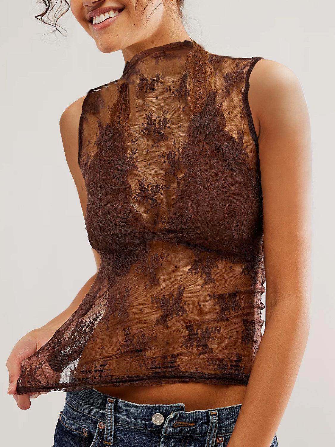 Lace Mock Neck Top for Women in Sheer Polyester Style - Selvanelle