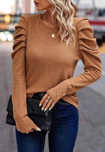 Decorative Button Round Neck Puff Sleeve Blouse for Women - Selvanelle
