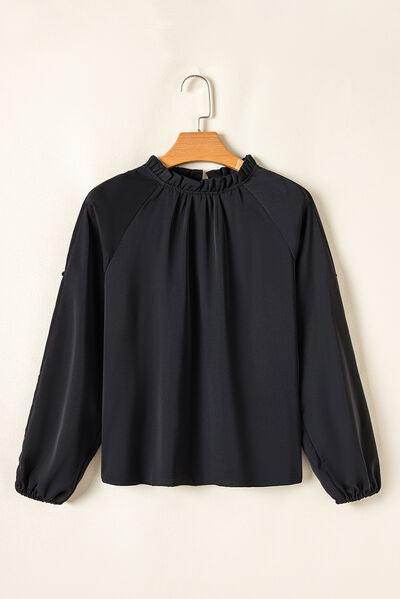 Mock Neck Cold Shoulder Blouse with Sheer Frill Details - Selvanelle