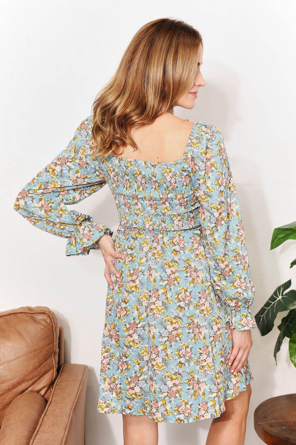 Honey Floral Smocked Flounce Sleeve Square Neck Dress - Selvanelle