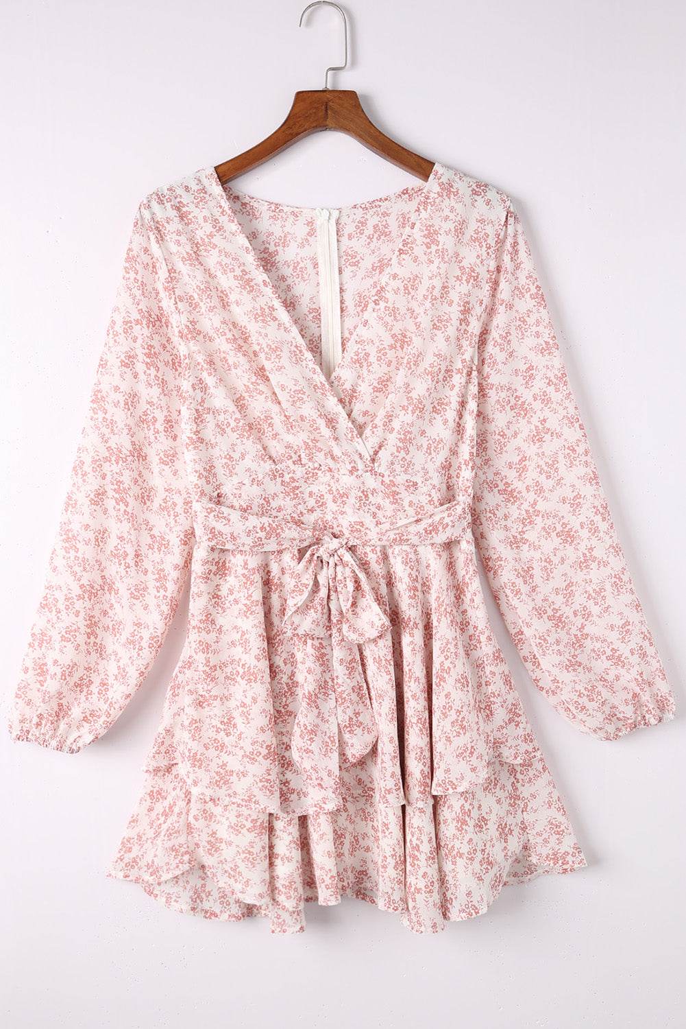 Floral Surplice Balloon Sleeve Layered Dress - Selvanelle