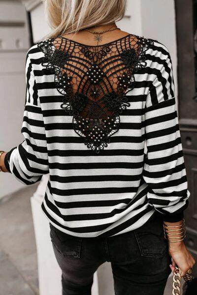 Striped Lace Detail V Neck Top for Stylish Comfort - Selvanelle