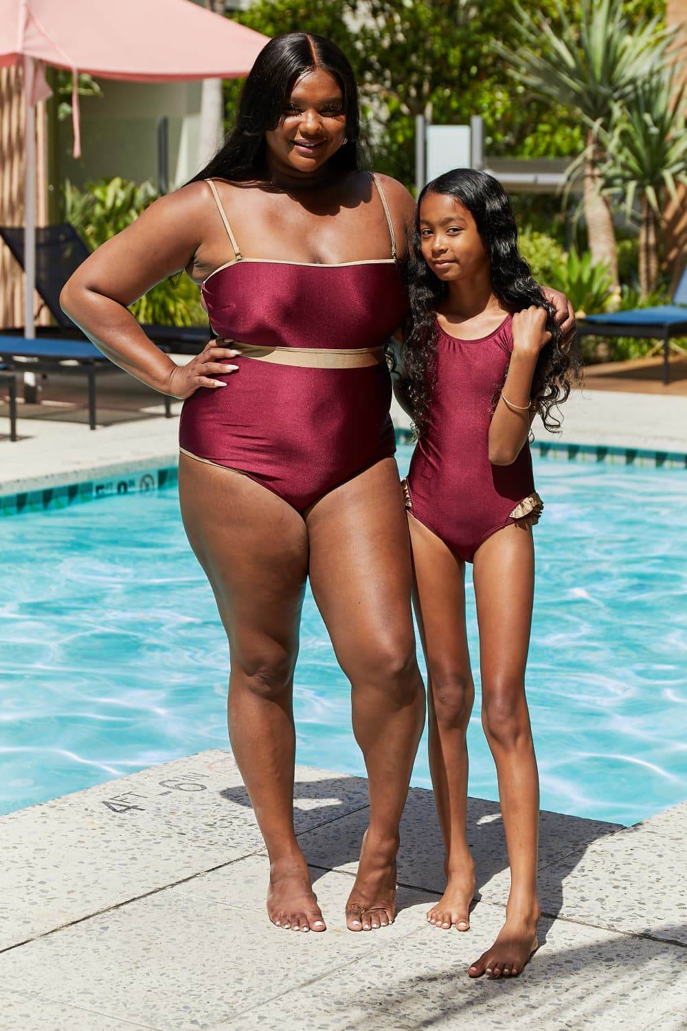 Marina West Swim Wave Break Contrast Trim One-Piece in Wine - Selvanelle