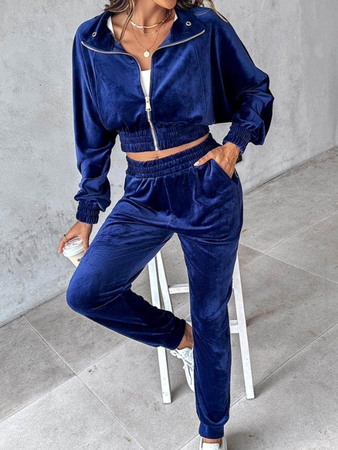 Zip Up Long Sleeve Cropped Top and Joggers Set for Women - Selvanelle