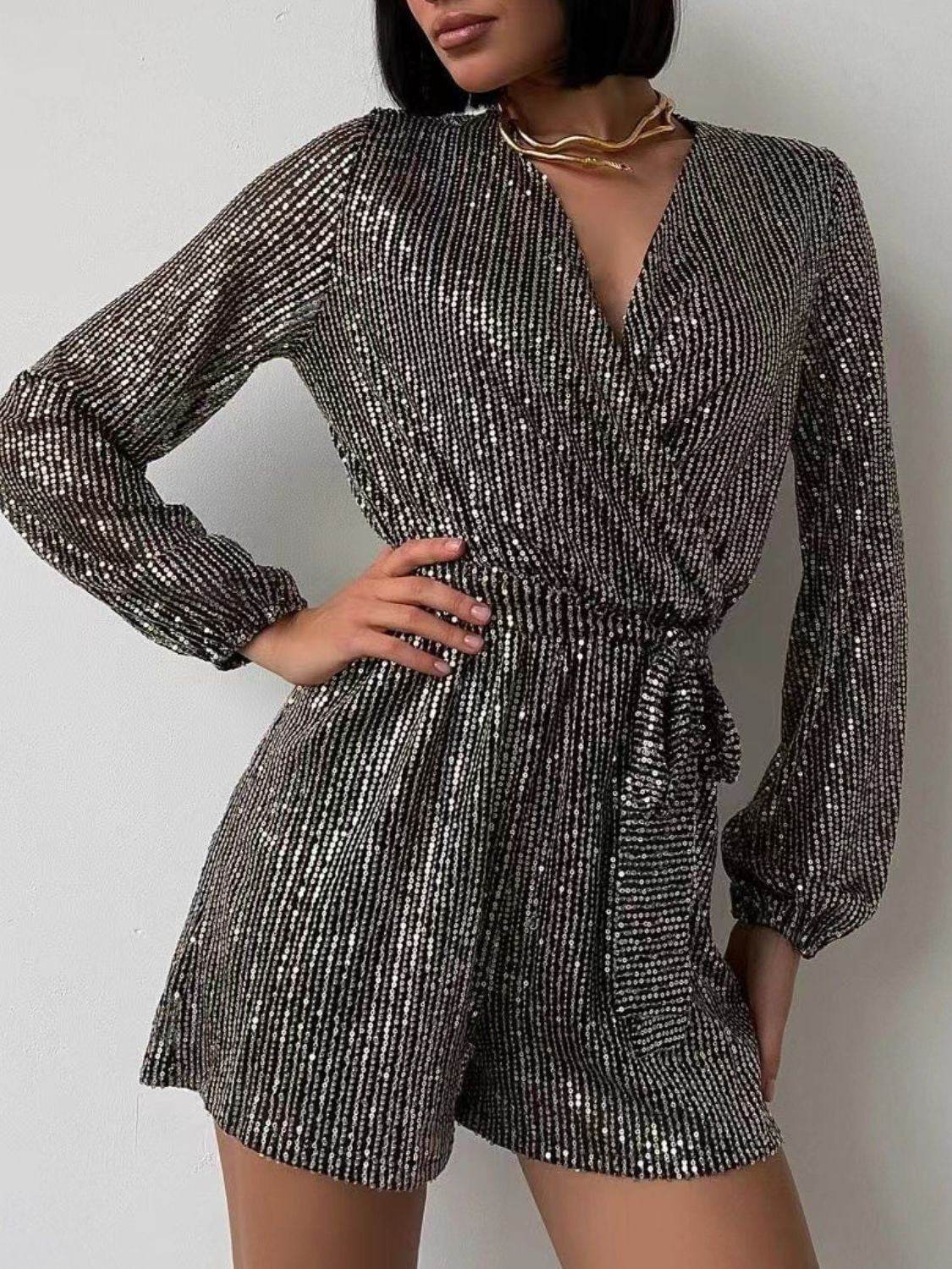 Full Size Sequin Surplice Tie Waist Long Sleeve Romper - Selvanelle
