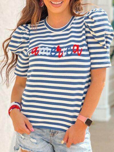 AMERICA Striped Round Neck Puff Sleeve Top for Women - Selvanelle
