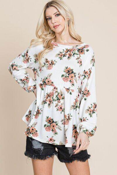 Super Lady Full Size Babydoll Floral Boat Neck Blouse - Selvanelle