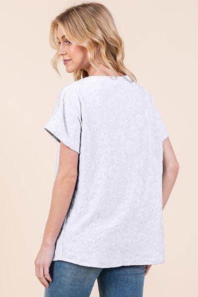 BOMBOM Floral Textured Short Sleeve T-Shirt for Women - Selvanelle