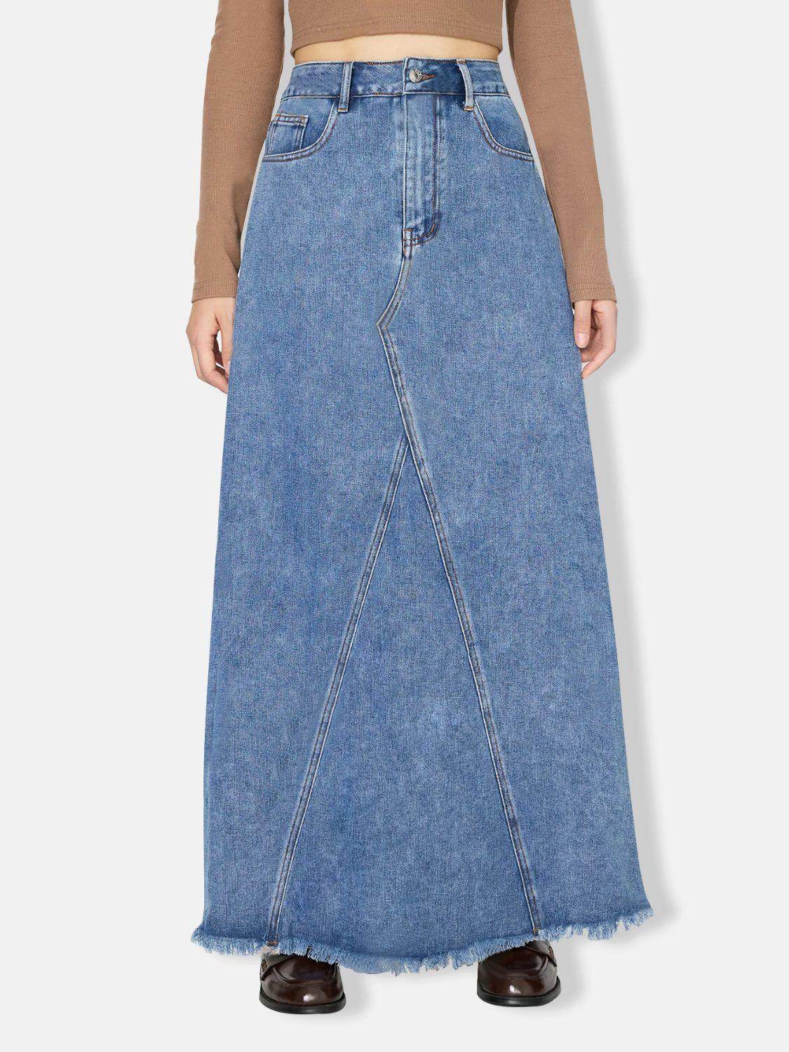 Stylish Raw Hem Maxi Denim Skirt for Effortless Chic - Selvanelle