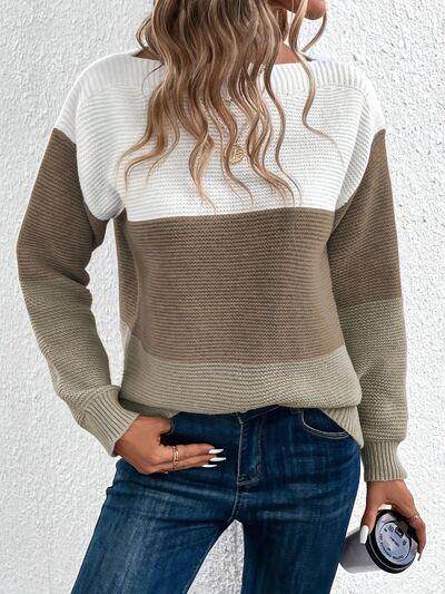 Color Block Boat Neck Sweater for Stylish Layering - Selvanelle