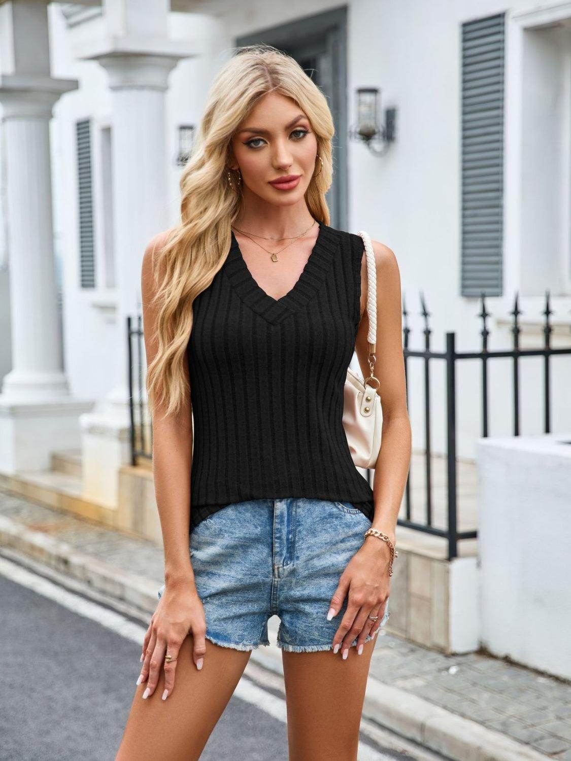 Ribbed Solid Color V-Neck Tank for Women Stylish Wear - Selvanelle