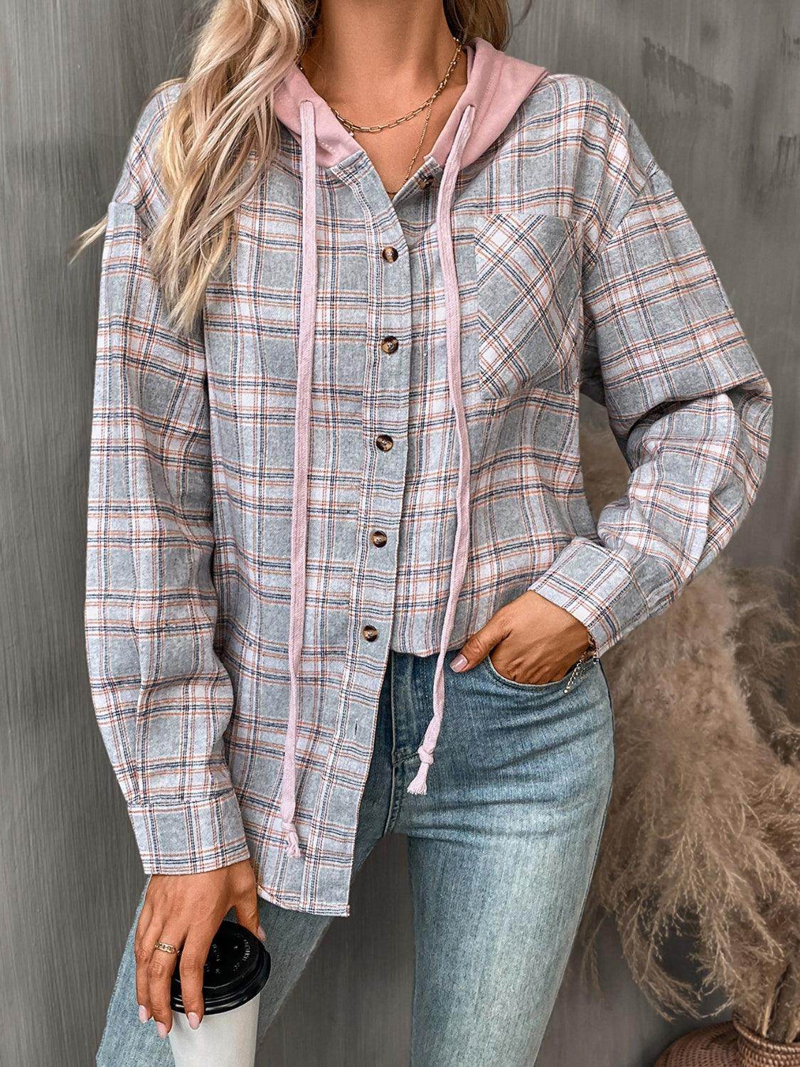 Plaid Long Sleeve Hooded Jacket for Women with Pockets - Selvanelle