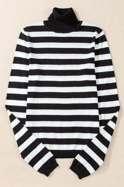 Striped Turtleneck Long Sleeve Knit Top for Women Fashion - Selvanelle