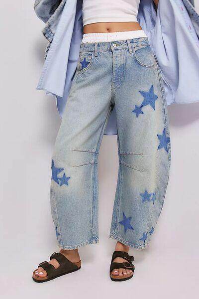 Contrast Star Wide Leg Jeans for Stylish Casual Wear - Selvanelle