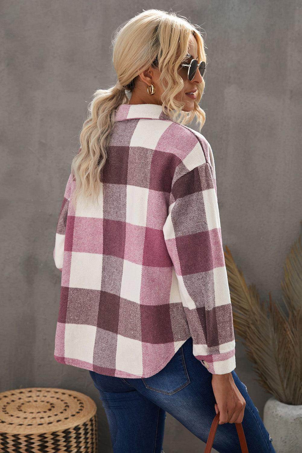 Plaid Button Up Dropped Shoulder Jacket for Women Stylish - Selvanelle