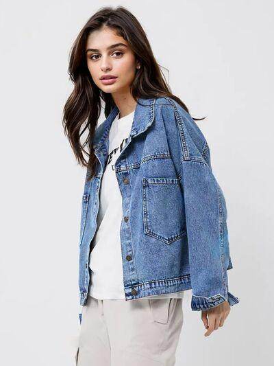 Pocketed Button Up Long Sleeve Denim Top for Women - Selvanelle