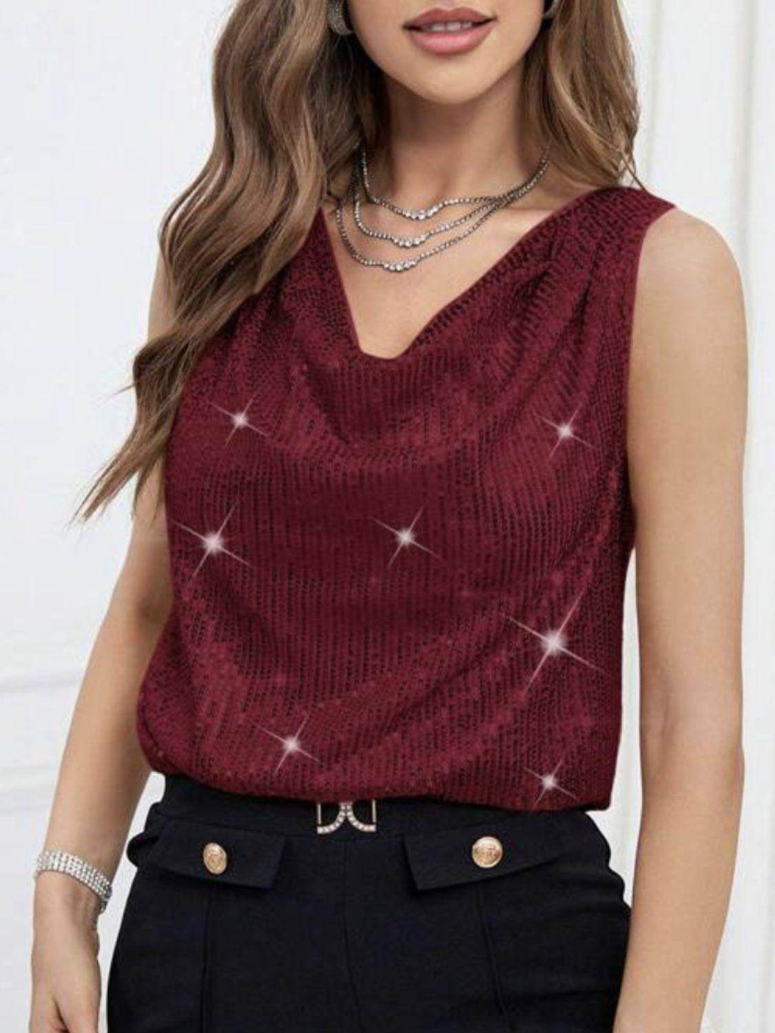Sequin Cowl Neck Tank Top for Stylish Evening Wear - Selvanelle