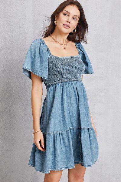 Smocked Square Neck Mini Denim Dress for Women Stylish - Selvanelle