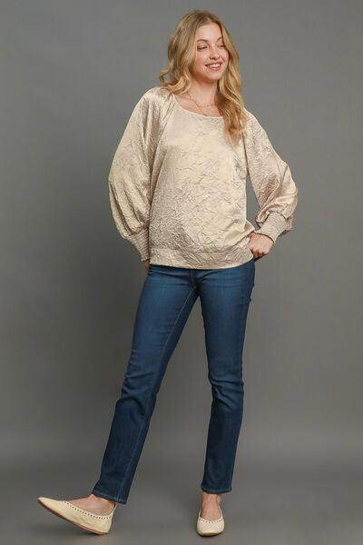 Umgee Wrinkled Round Neck Lantern Sleeve Blouse for Women - Selvanelle