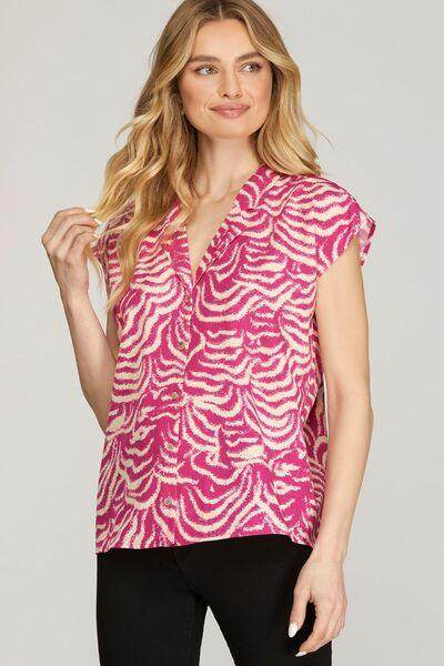 She + Sky Full Size Printed Button Down Cap Sleeve Shirt Plus Size - Selvanelle