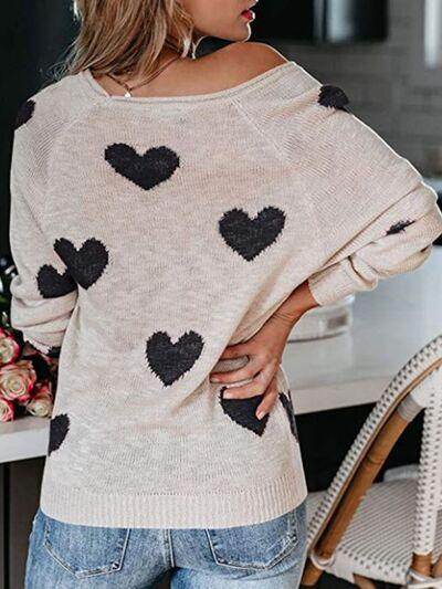 Heart Scoop Neck Long Sleeve Sweater for Women Cozy Style - Selvanelle