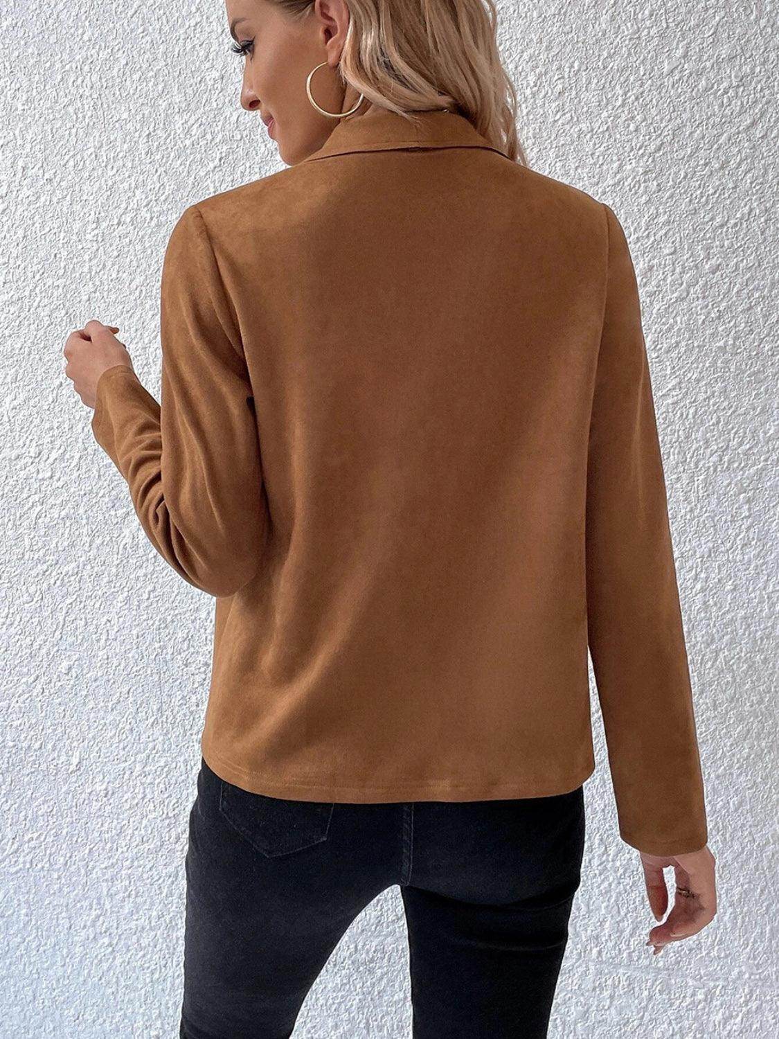 Collared Neck Long Sleeve Jacket for Everyday Wear - Selvanelle
