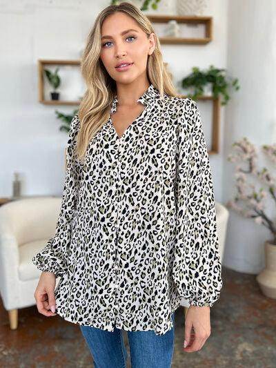 Double Take Full Size Leopard Long Sleeve Blouse for Women - Selvanelle