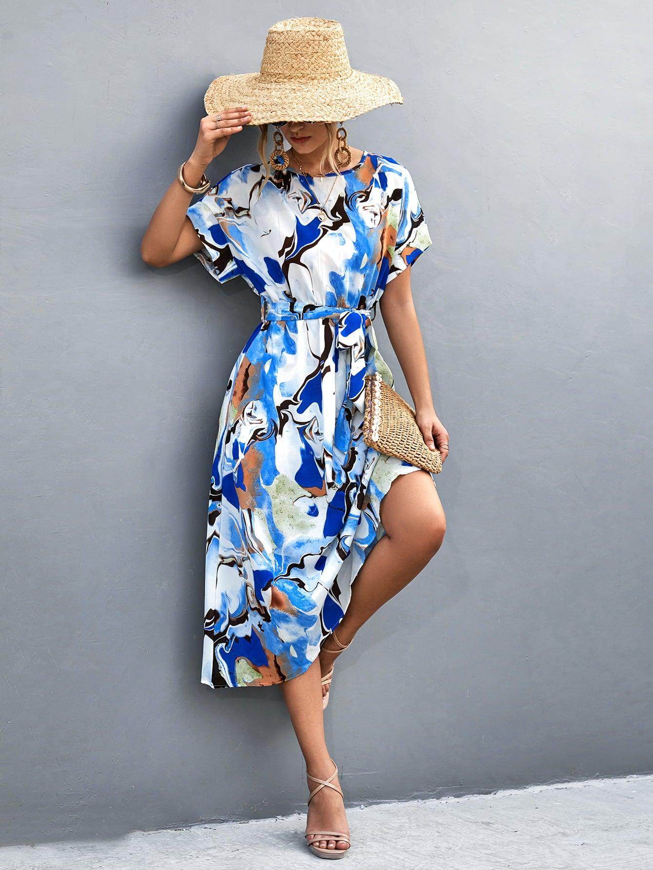 Round Neck Short Sleeve Tie Waist Midi Dress for Women - Selvanelle