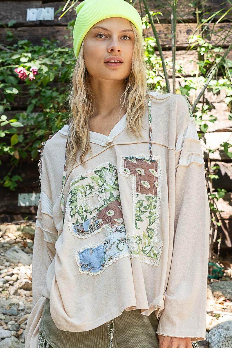 POL Exposed Seam Number Patch V-Neck Hooded Top for Women - Selvanelle