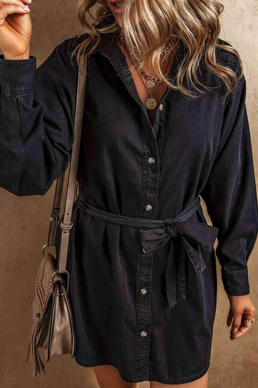 Button Up Collared Neck Denim Dress for Women Stylish Fit - Selvanelle