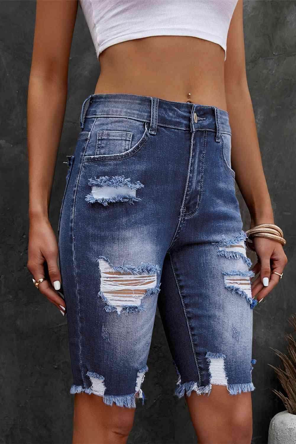 Distressed Frayed Hem Denim Bermuda Shorts for Women - Selvanelle