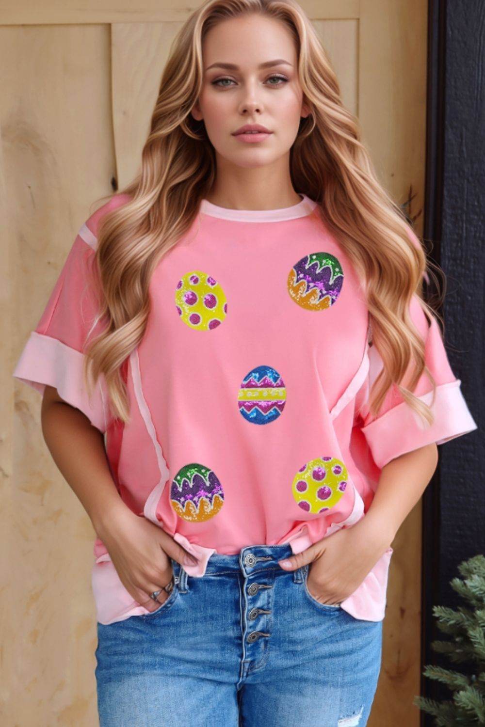Sequined Easter Egg Short Sleeve T-Shirt - Selvanelle