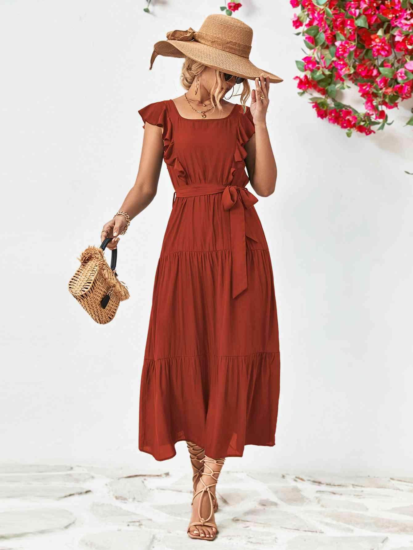 Tie Belt Ruffled Tiered Dress for Chic Midi Style - Selvanelle