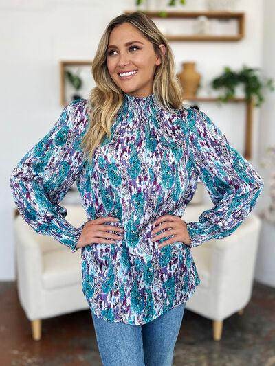 Double Take Full Size Printed Smocked Long Sleeve Blouse - Selvanelle