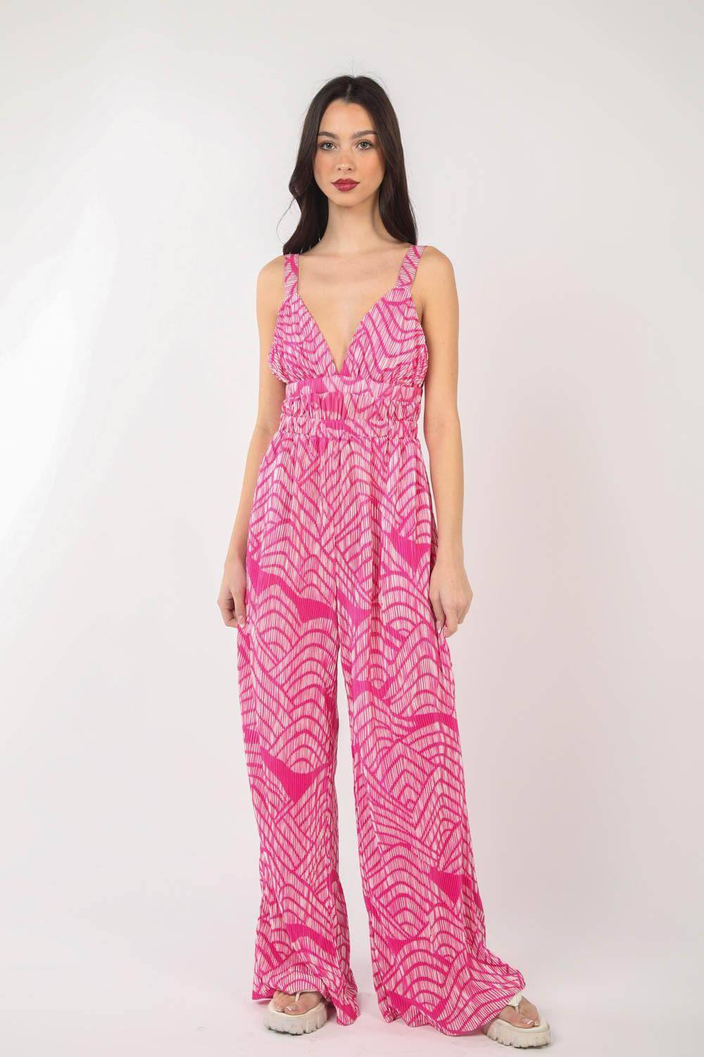 Very J Printed Pleated Sleeveless Wide Leg Jumpsuit - Selvanelle