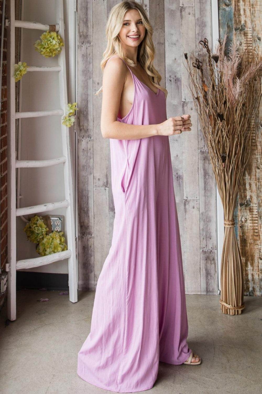 Veveret Pocketed Spaghetti Strap V-Neck Wide Leg Jumpsuit - Selvanelle