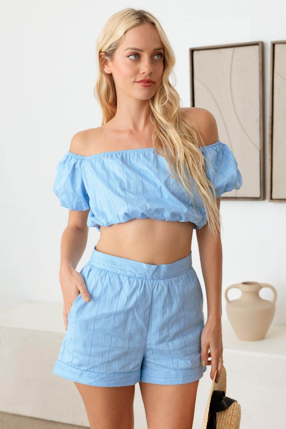 Le Lis Off Shoulder Crop Top and High Waist Shorts Set - Selvanelle