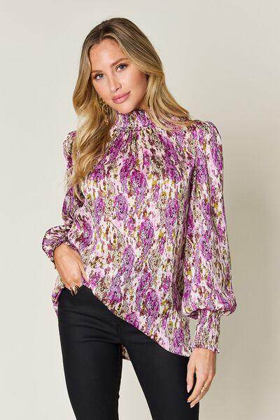 Double Take Full Size Printed Smocked Long Sleeve Blouse - Selvanelle