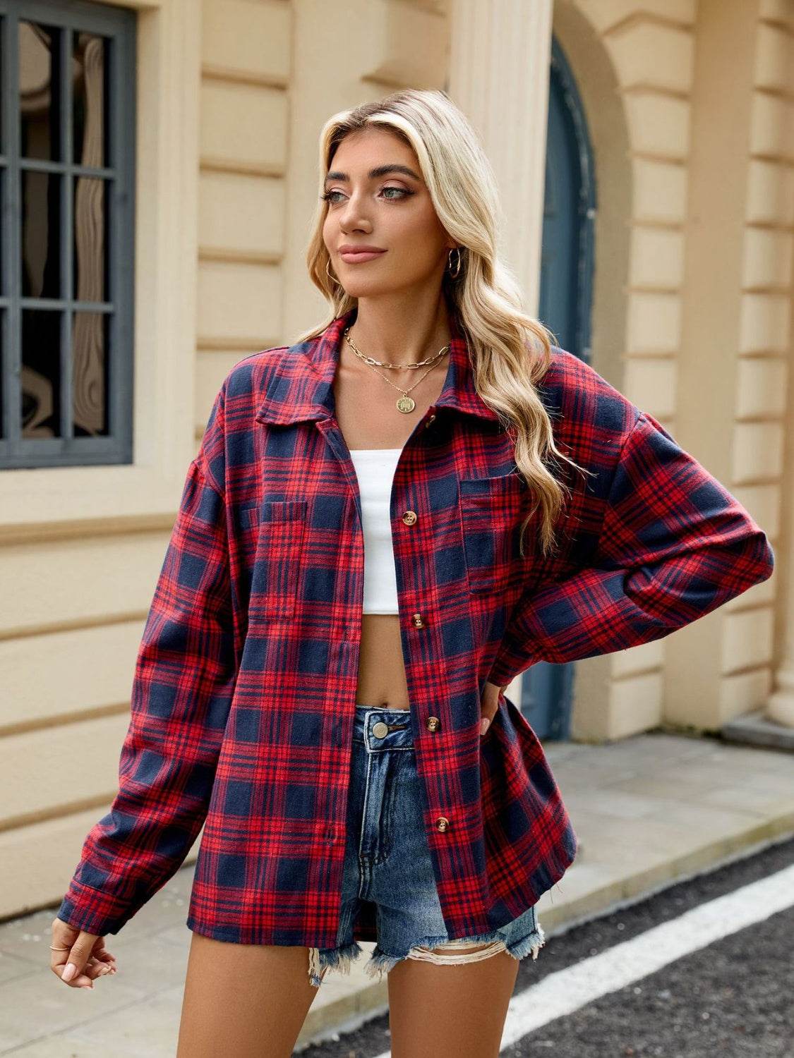 Plaid Collared Neck Long Sleeve Shirt - Selvanelle