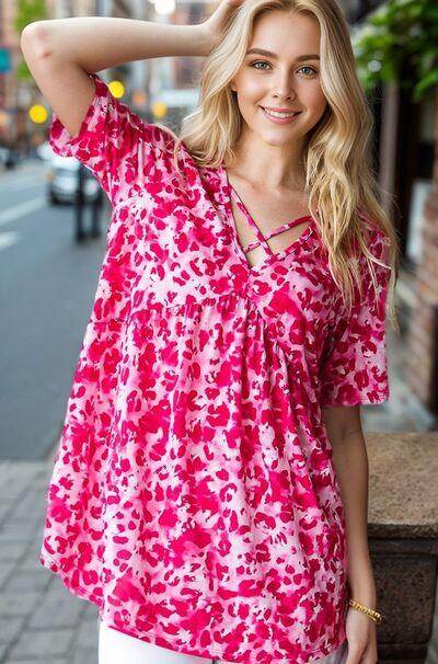 Heimish Full Size Short Sleeve Crisscross Animal Babydoll Top Plus Size - Selvanelle