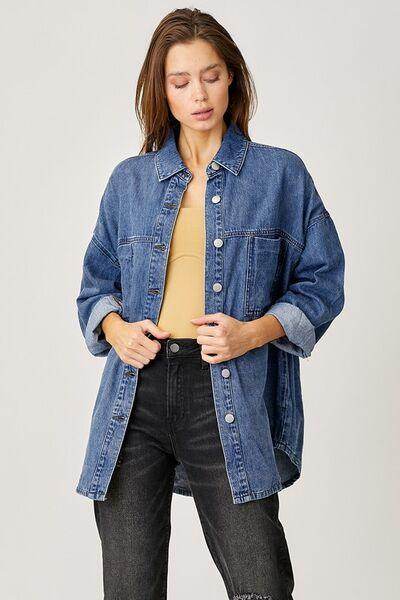 RISEN Button Up Drop Shoulder Denim Shacket for Women - Selvanelle