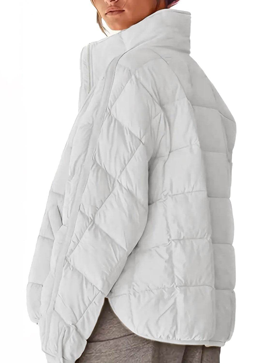 Pocketed Plaid Quilted Zip Up Winter Coat for Women - Selvanelle