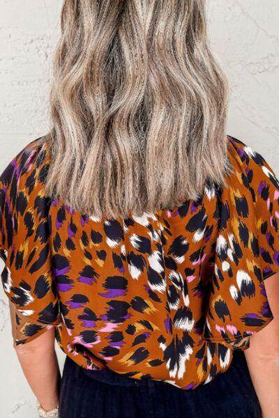 Leopard Notched Short Sleeve Blouse for Stylish Women - Selvanelle