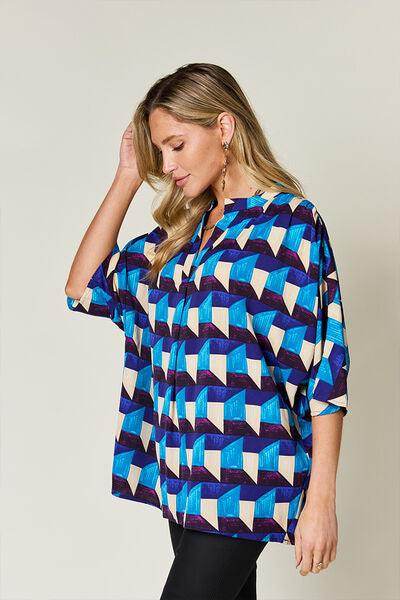Double Take Full Size Geometric Notched Half Sleeve Blouse - Selvanelle