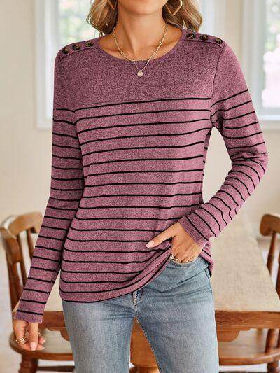 Lovelet Striped Round Neck Long Sleeve T-Shirt for Women - Selvanelle