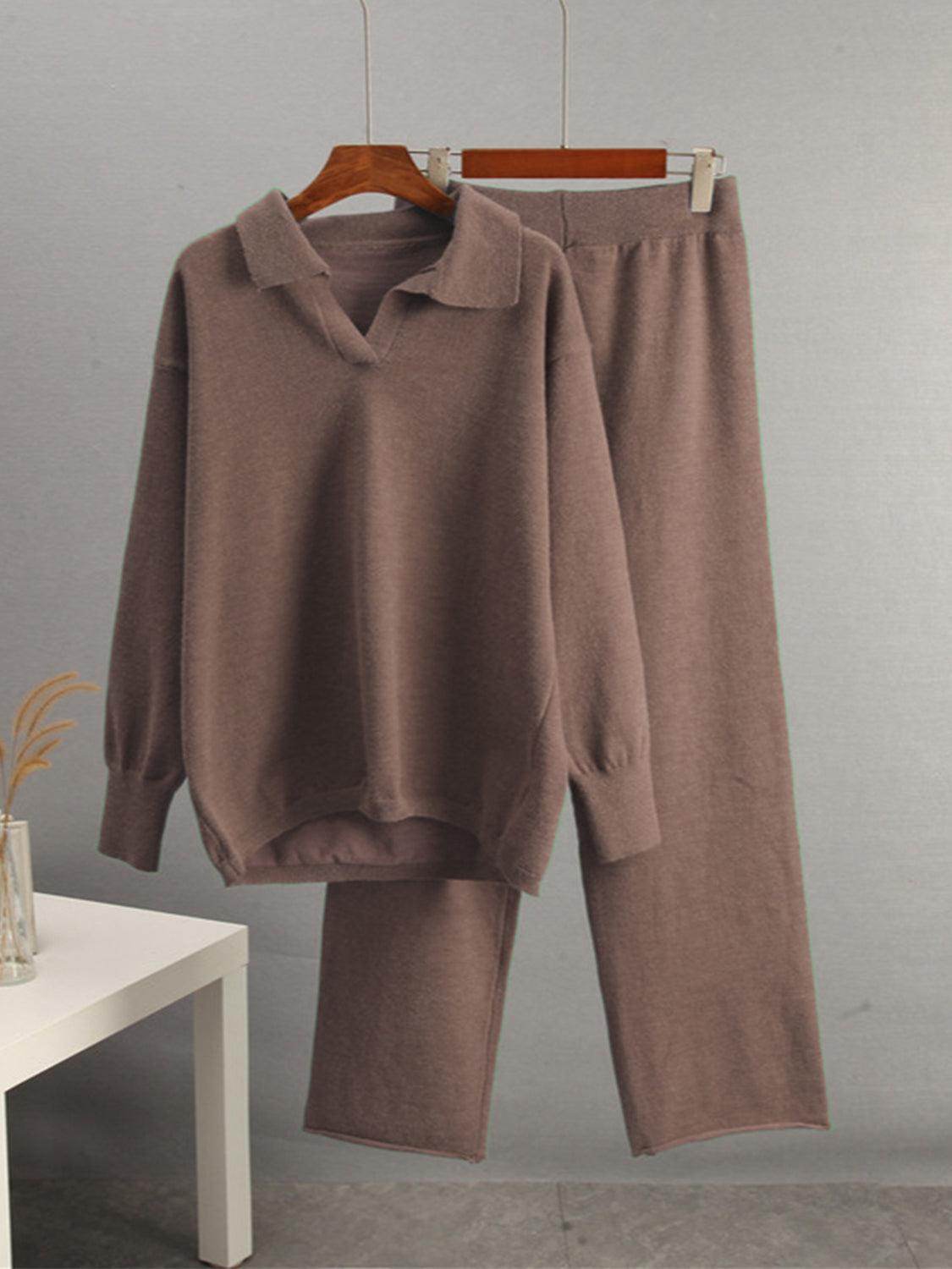 Johnny Collar Long Sleeve Top and Pants Sweater Set Women - Selvanelle