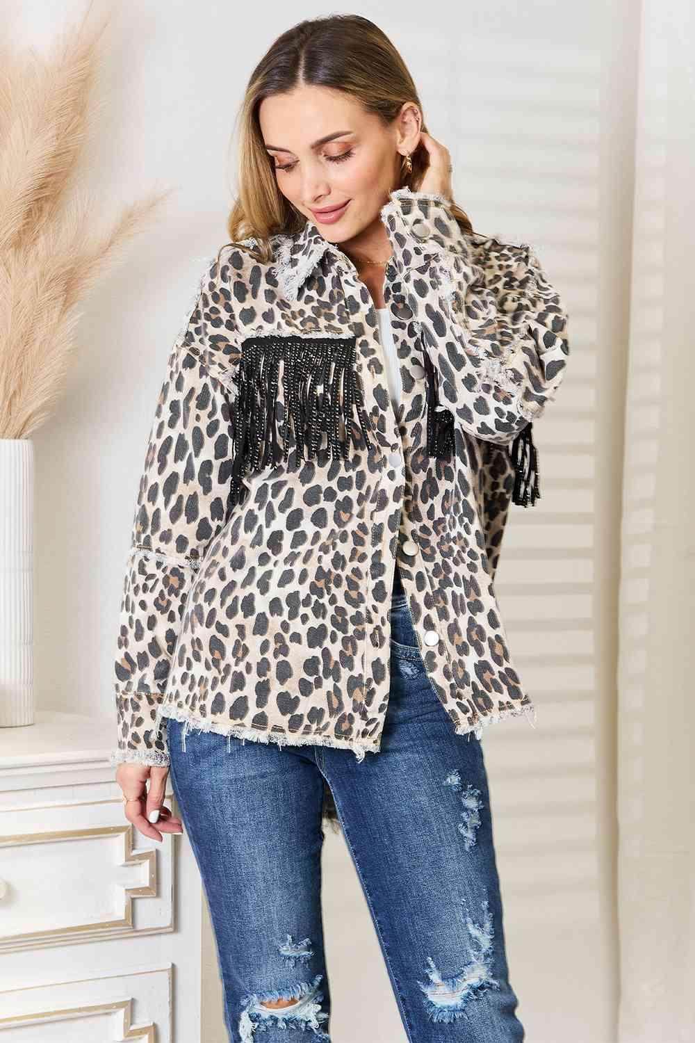 Leopard Fringe Detail Collared Neck Denim Jacket for Women - Selvanelle