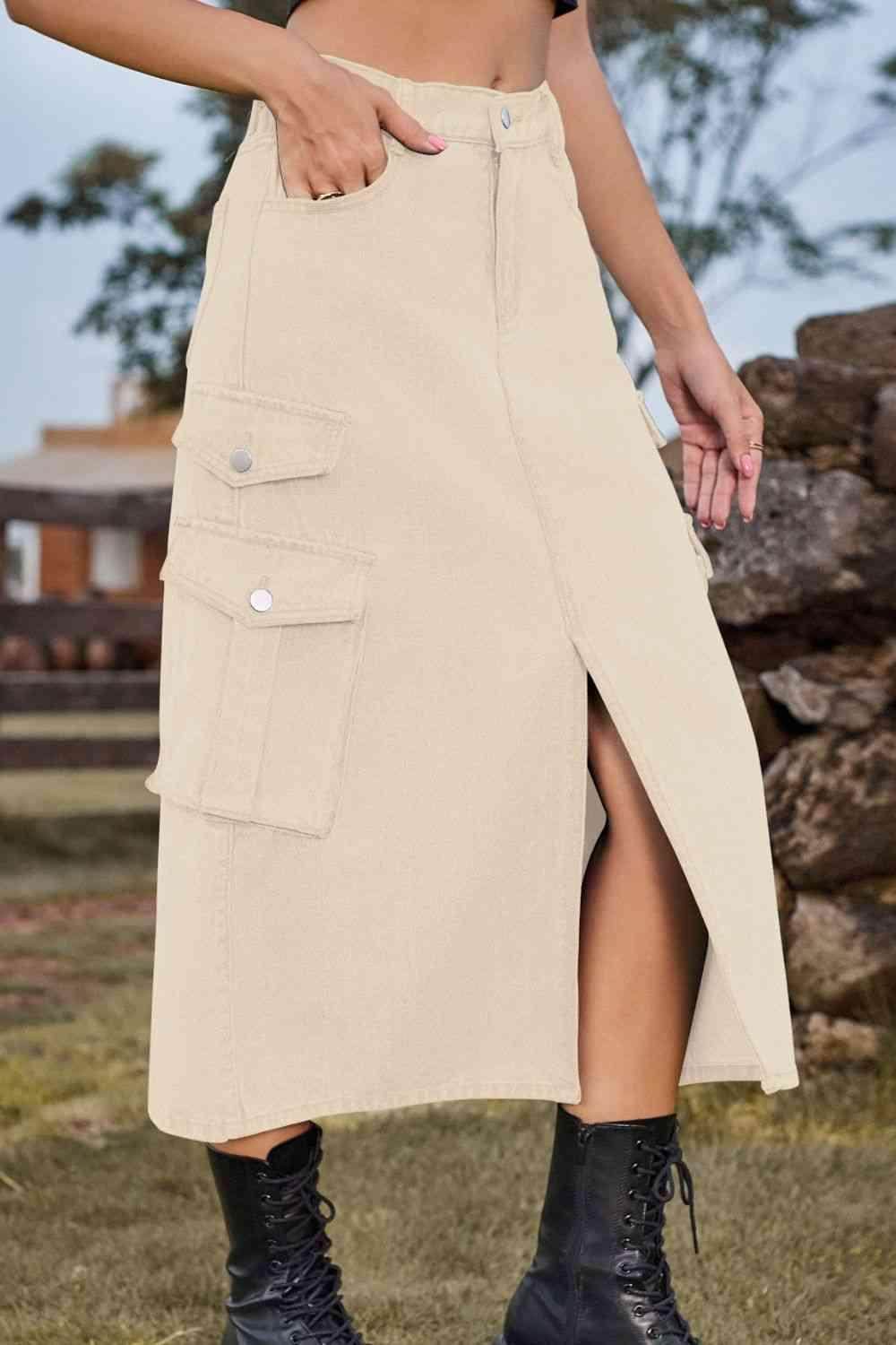 Slit Front Midi Denim Skirt with Pockets for Women - Selvanelle