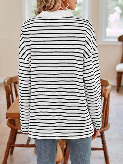 Lovelet Striped Johnny Collar Long Sleeve T-Shirt for Women - Selvanelle
