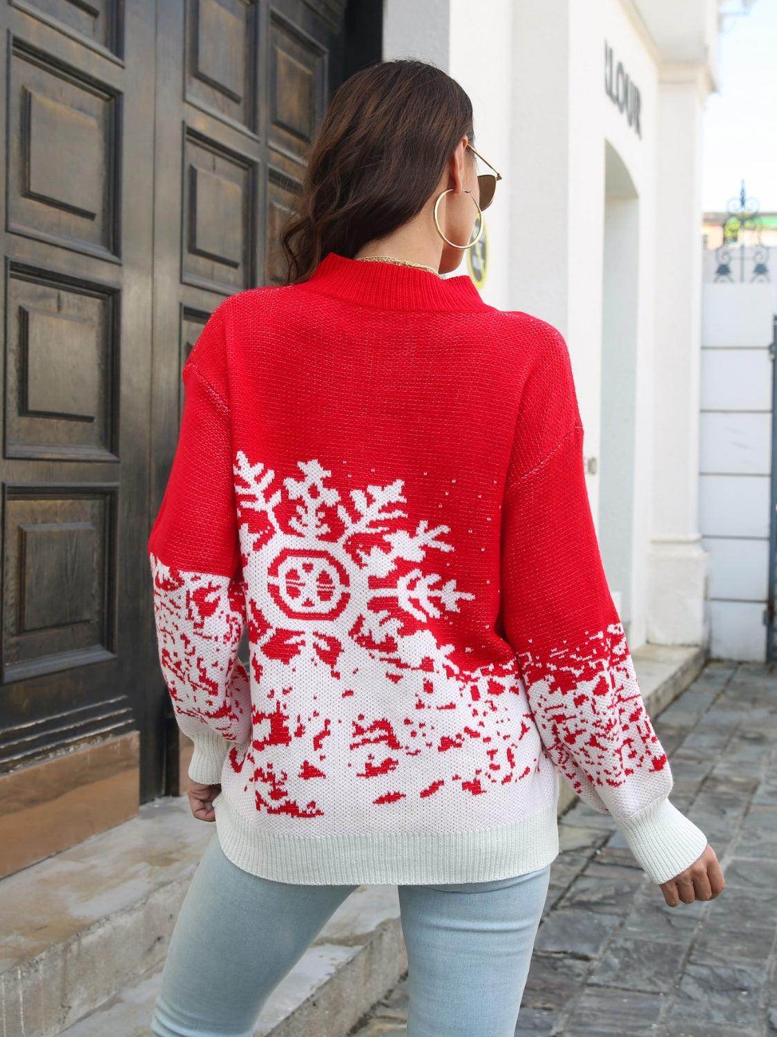 Snowflake Pattern Mock Neck Sweater for Cozy Winter Style - Selvanelle